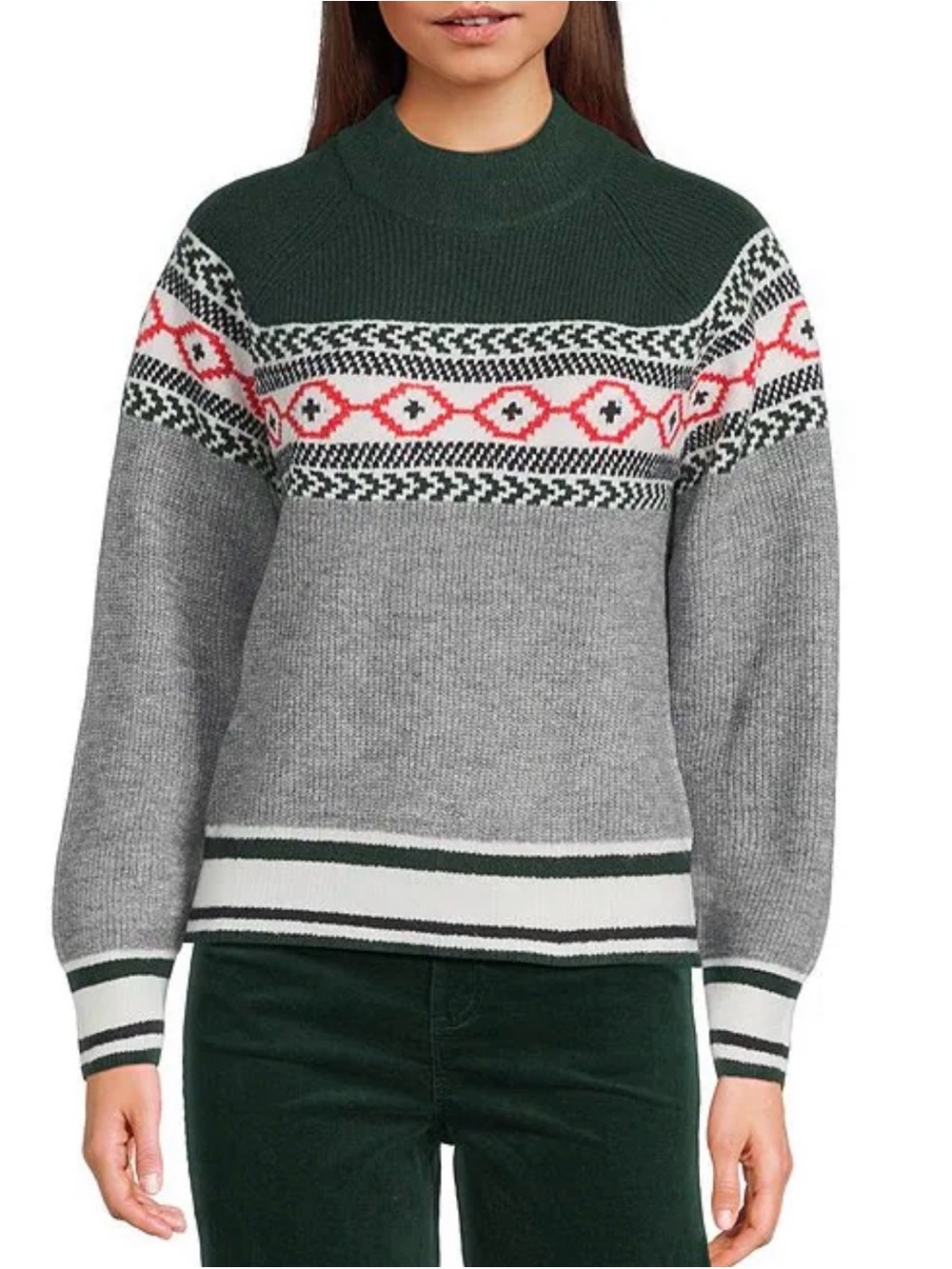 Copper Key Grey & Forest Green Fair Isle Crewneck Sweater with Red Accents